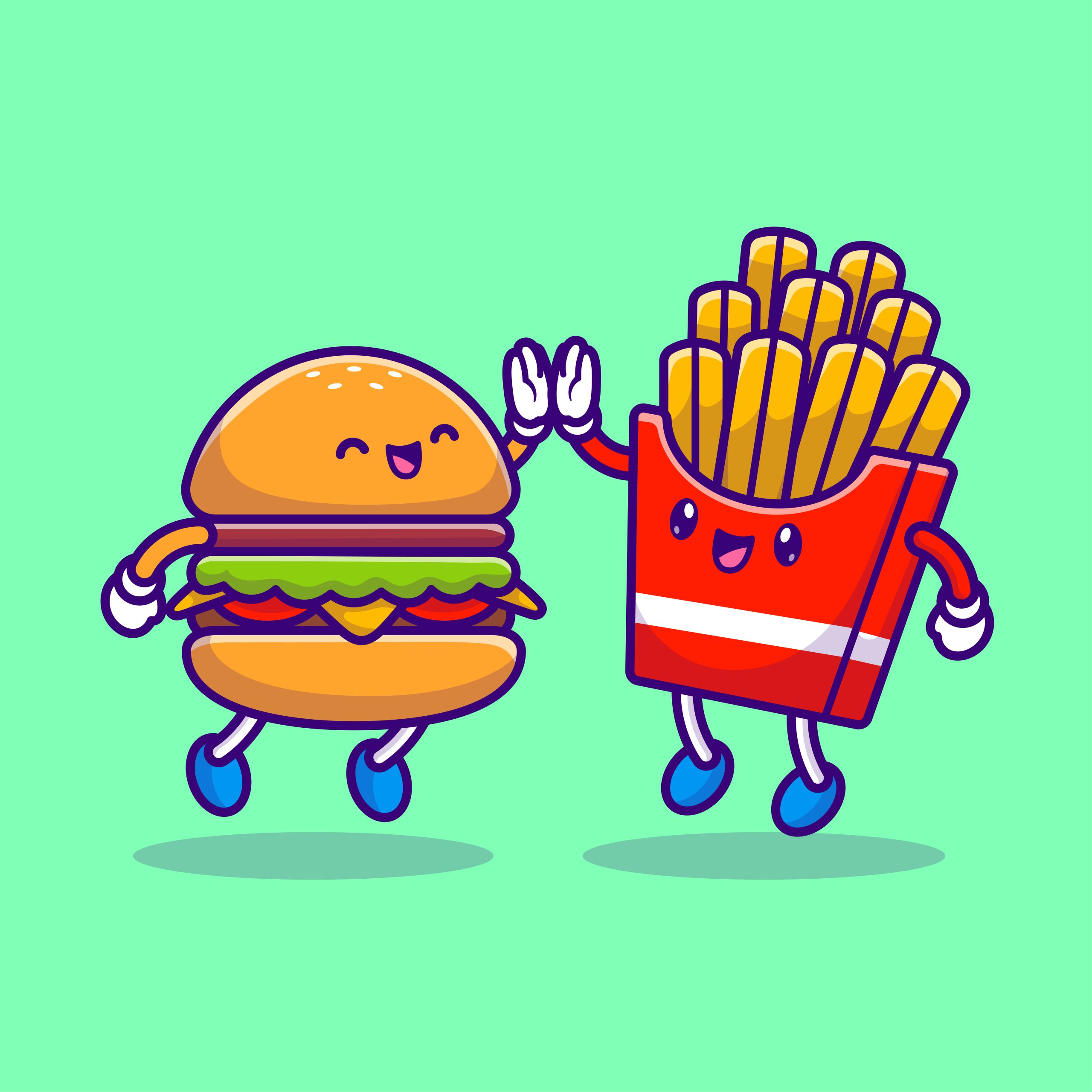 Hamburger and Fries high fiving
