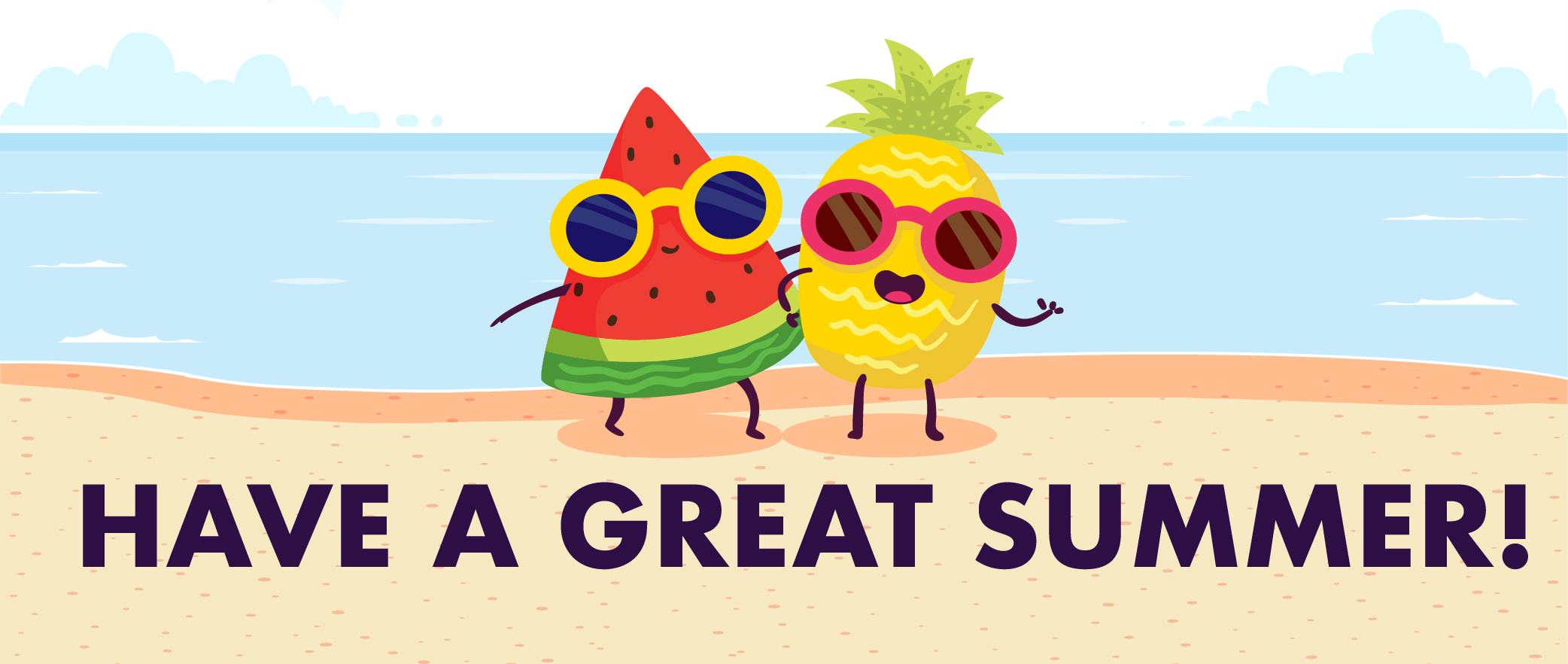 Watermelon and Pineapple smiling for summer photo on the beach