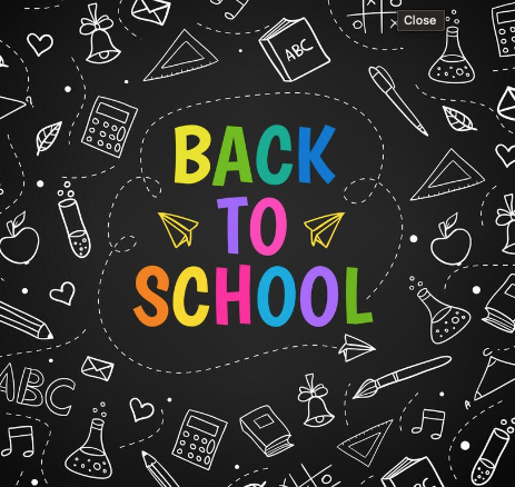 Back to School graphic on chalkboard with school supply drawings